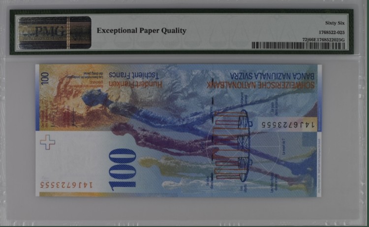 收藏联盟Quantum Auction 第199期拍卖  瑞士2014年100法郎 PMG66 豹子号555 获奖作品