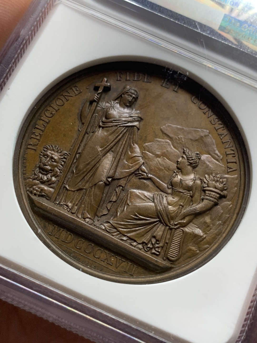 《竞宝斋》第106场-周日，周一 2场连拍（全场包邮） NGC-MS64 1820 英国荣耀的历史之滑铁卢战役纪念章 人物饱满 细节爆满