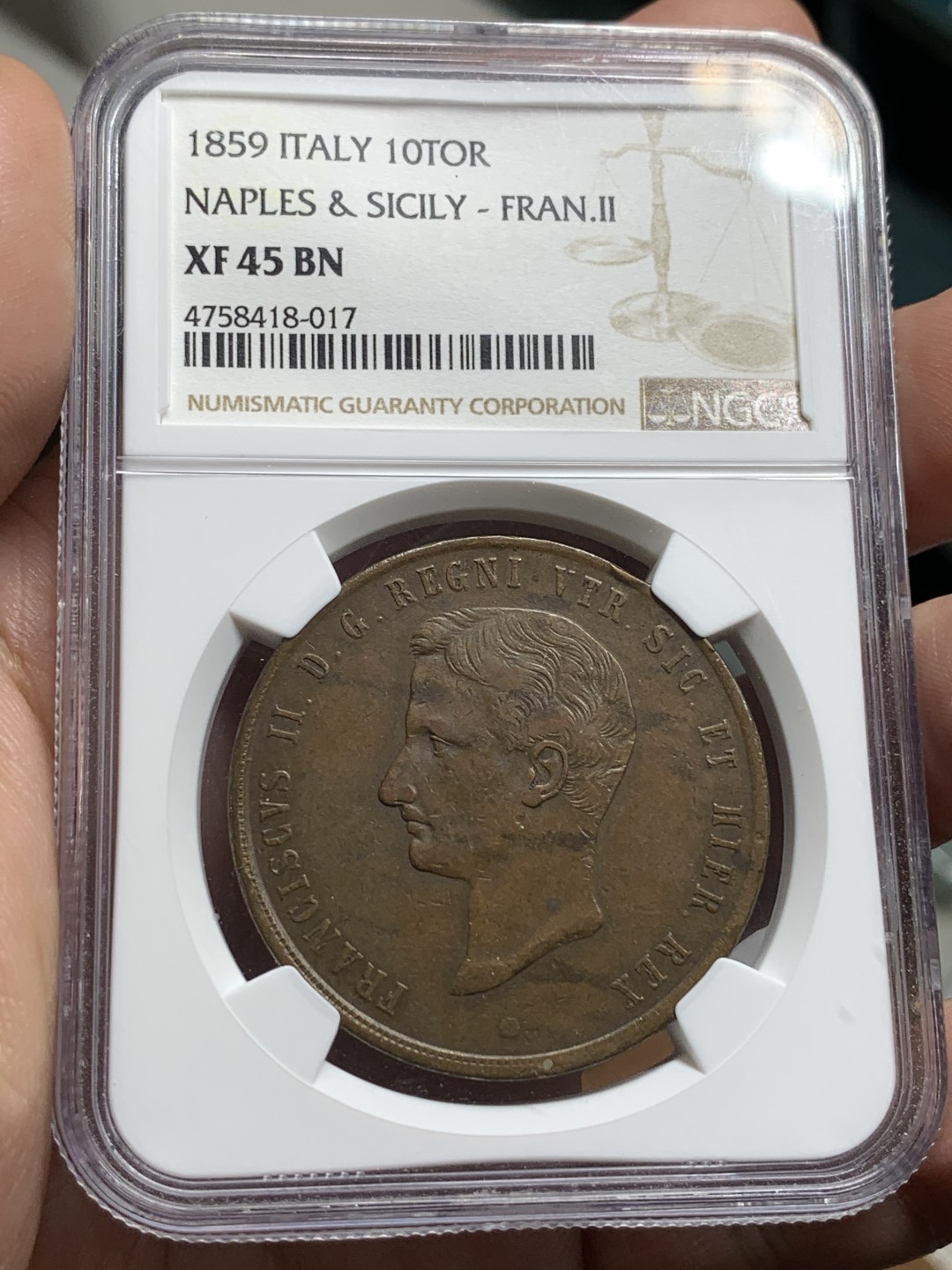 《竞宝斋》第106场-周日，周一 2场连拍（全场包邮） NGC-XF45 意大利那不勒斯1859年10托 少见弗朗西斯二世单年版 31.18g大铜 齿边压印向左 少见品种