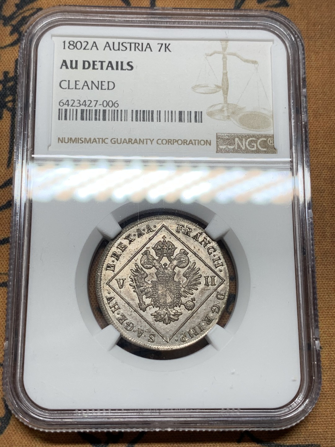 《竞宝斋》第106场-周日，周一 2场连拍（全场包邮） NGC-AU details 1802年神圣罗马帝国弗朗茨二世7克鲁泽银币，个人觉得错杀
