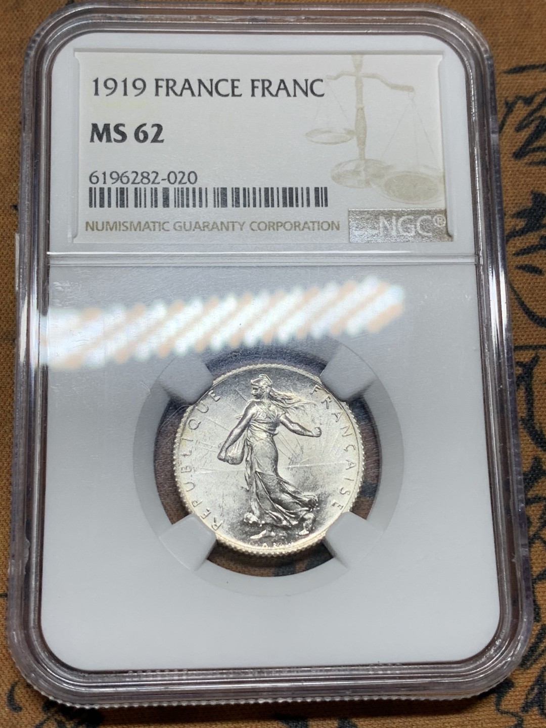 《竞宝斋》第106场-周日，周一 2场连拍（全场包邮） NGC MS62 法国1919 1法郎 银币 播种女神 罗蒂 经典款