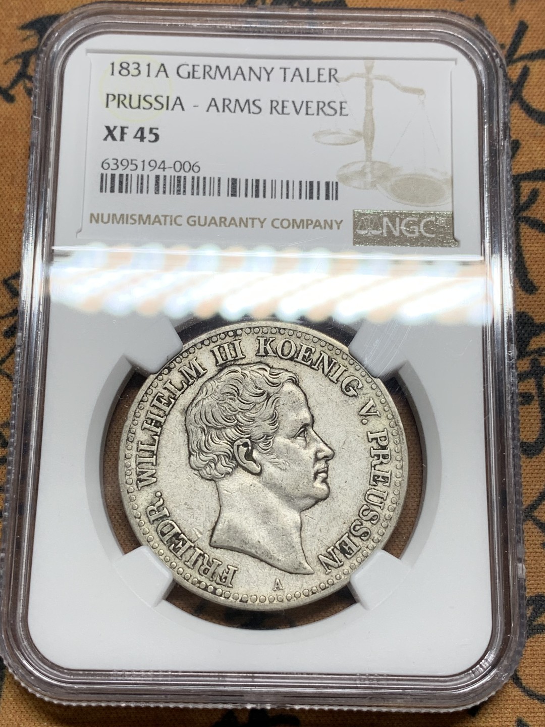 《竞宝斋》第106场-周日，周一 2场连拍（全场包邮） NGC-XF45 德国普鲁士 1831年 1泰勒银币 原味好品