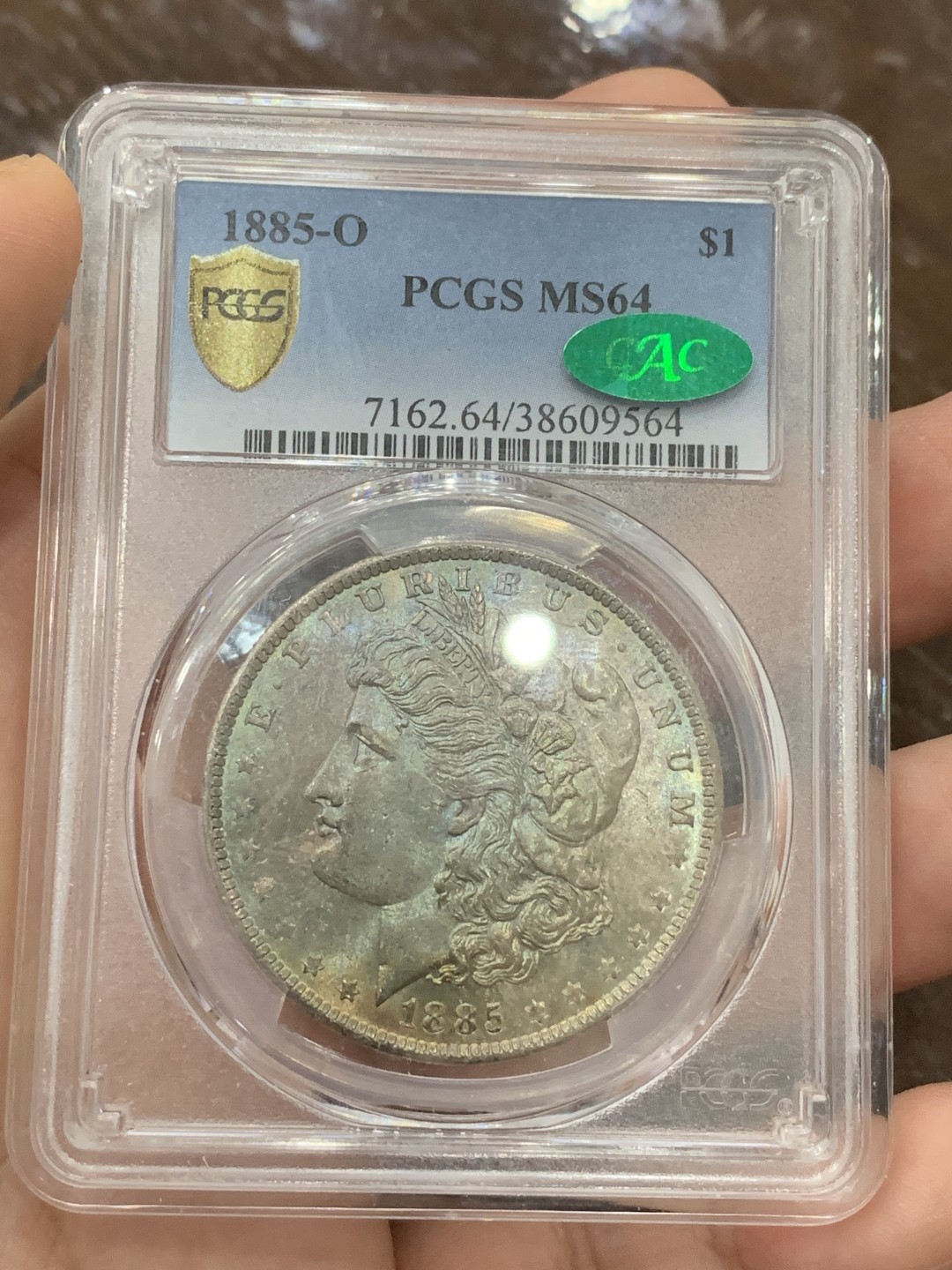 《竞宝斋》第106场-周日，周一 2场连拍（全场包邮） PCGS-MS64CAC 美国 1885年 摩根银币 女神面绿色满彩 鹰面镜面 底板干净