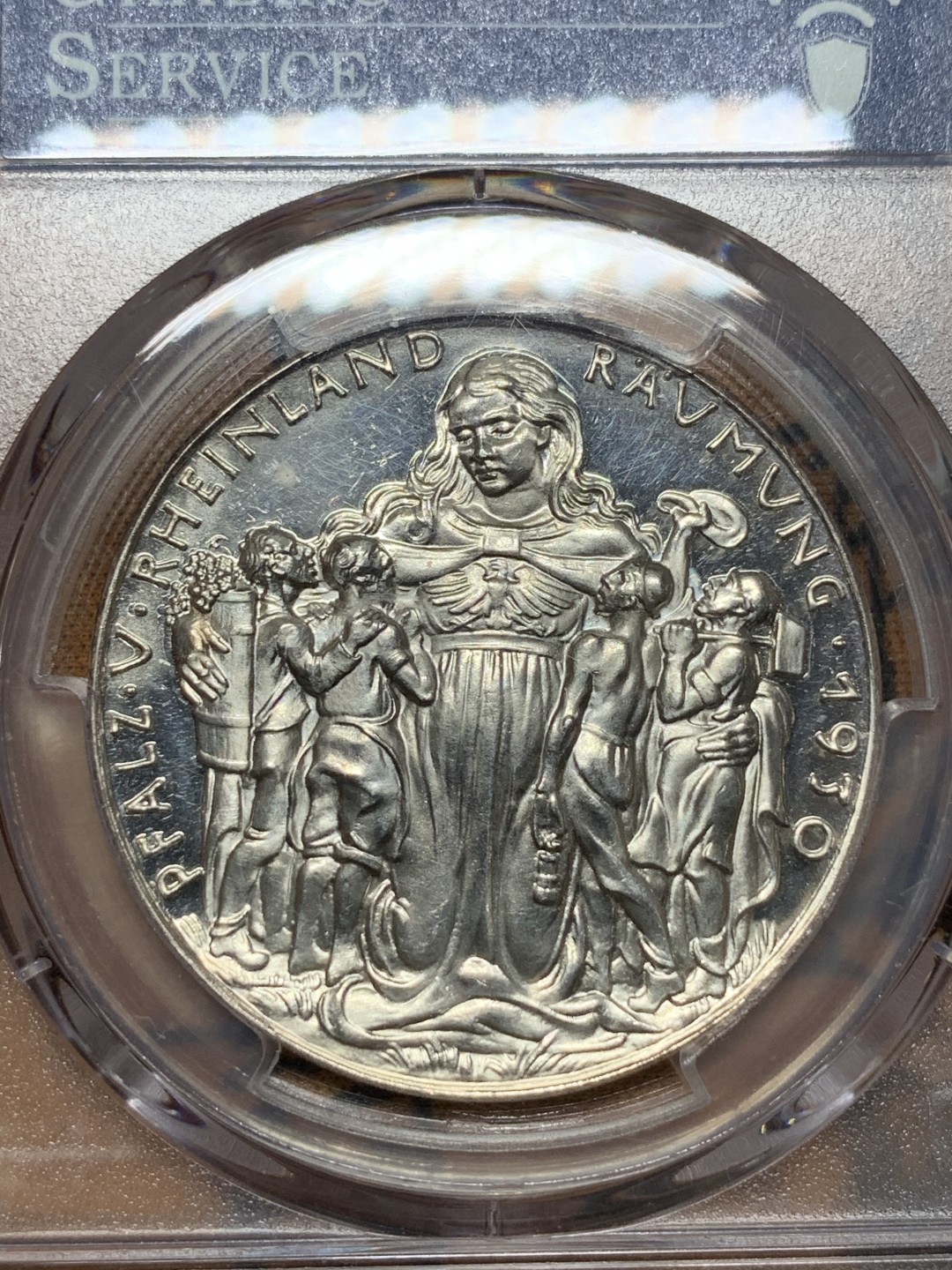 《竞宝斋》第106场-周日，周一 2场连拍（全场包邮） PCGS-MS64 德国1930年卡尔歌茨雕刻莱茵河神纪念银章，PP底板，35周年纪念P盒 高品状态