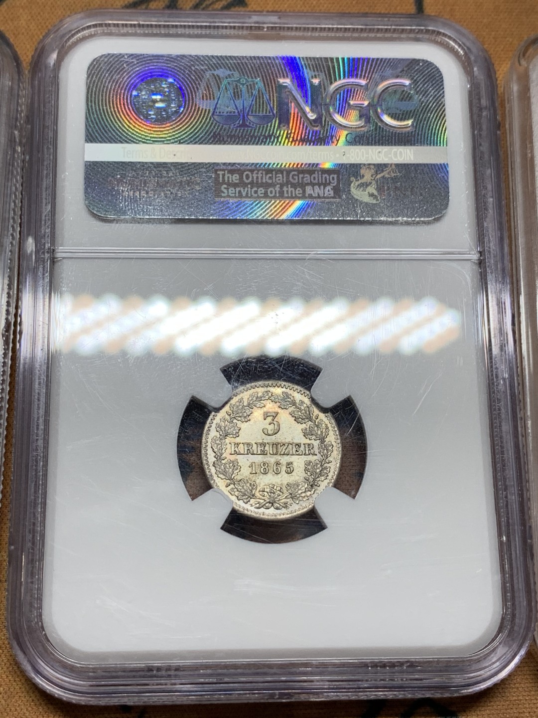 《竞宝斋》第106场-周日，周一 2场连拍（全场包邮） NGC/PCGS-MS61/UNC/AU 德系盒子币一组 2银1铜。含普鲁士3芬尼铜币，巴伐利亚3K银币，巴伐利亚2马克银币。实物状态都很好，银币转光