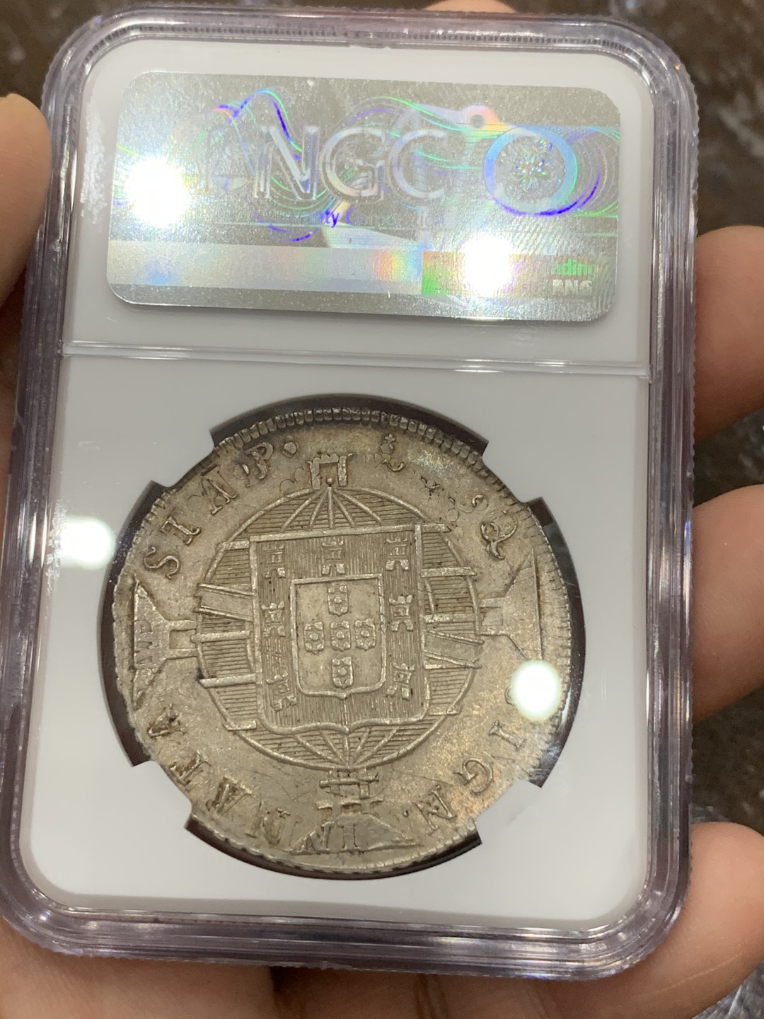 《竞宝斋》第106场-周日，周一 2场连拍（全场包邮） NGC-MS62 1819R葡属巴西地球960里斯大银 金色淡彩！暴涨品种 这种味道的少了