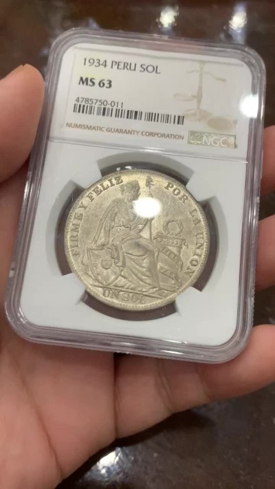 《竞宝斋》第106场-周日，周一 2场连拍（全场包邮） NGC-MS63 秘鲁1934年 1索尔大银币 原光好品 较少见的品种