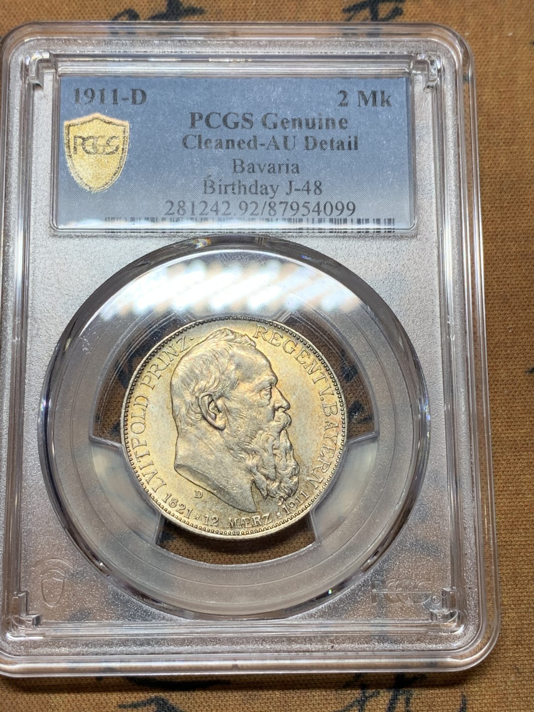 《竞宝斋》第106场-周日，周一 2场连拍（全场包邮） NGC/PCGS-MS61/UNC/AU 德系盒子币一组 2银1铜。含普鲁士3芬尼铜币，巴伐利亚3K银币，巴伐利亚2马克银币。实物状态都很好，银币转光