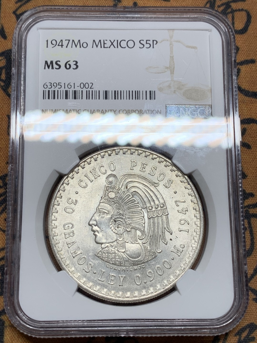 《竞宝斋》第106场-周日，周一 2场连拍（全场包邮） NGC-MS63 墨西哥1947年 印第安人头像5比索大银币 原光好品