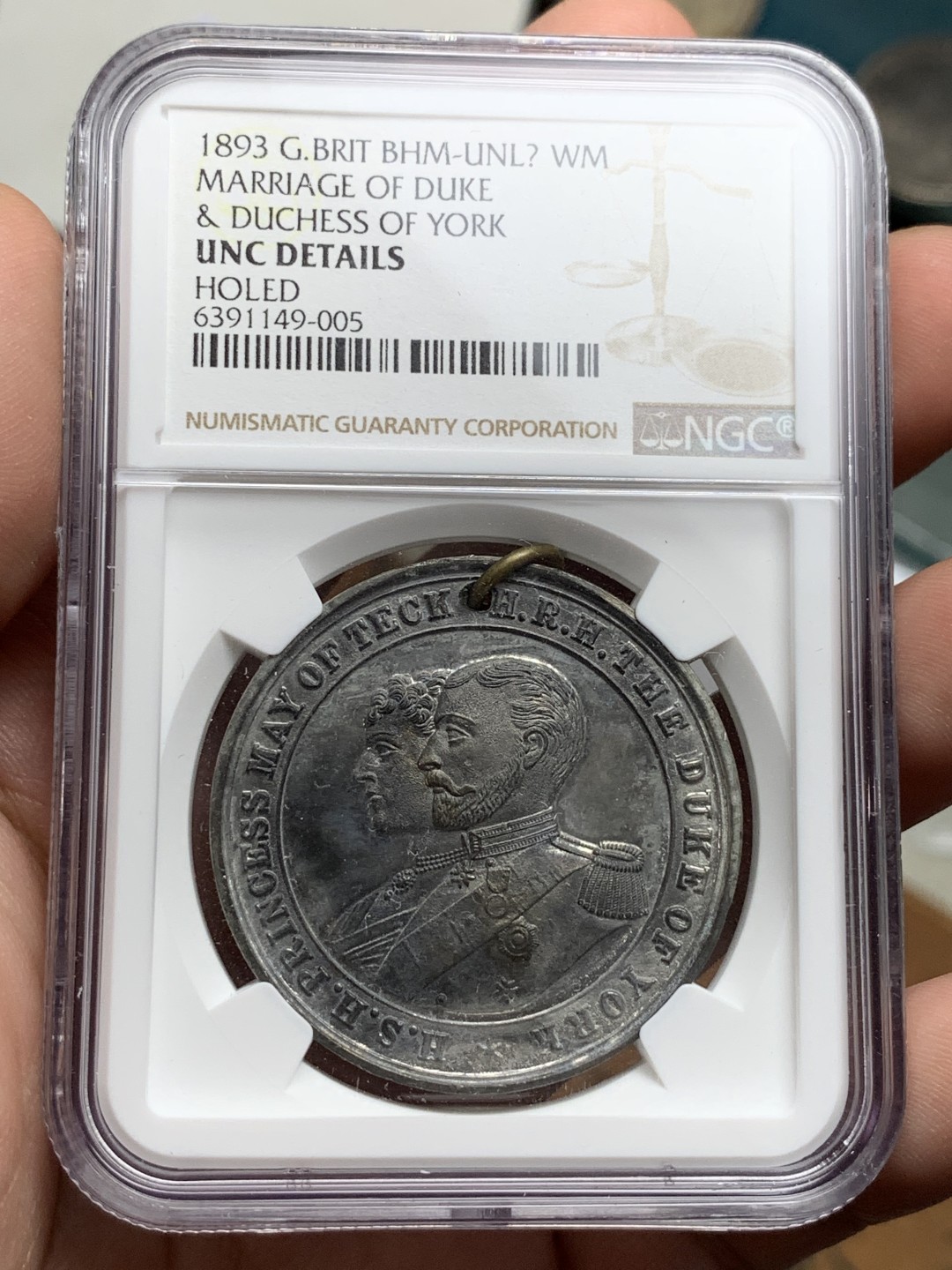 《竞宝斋》第106场-周日，周一 2场连拍（全场包邮） NGC UNC 英国 1893年 约克乔治公爵与玛丽公主 婚姻纪念章，少见 加厚盒装