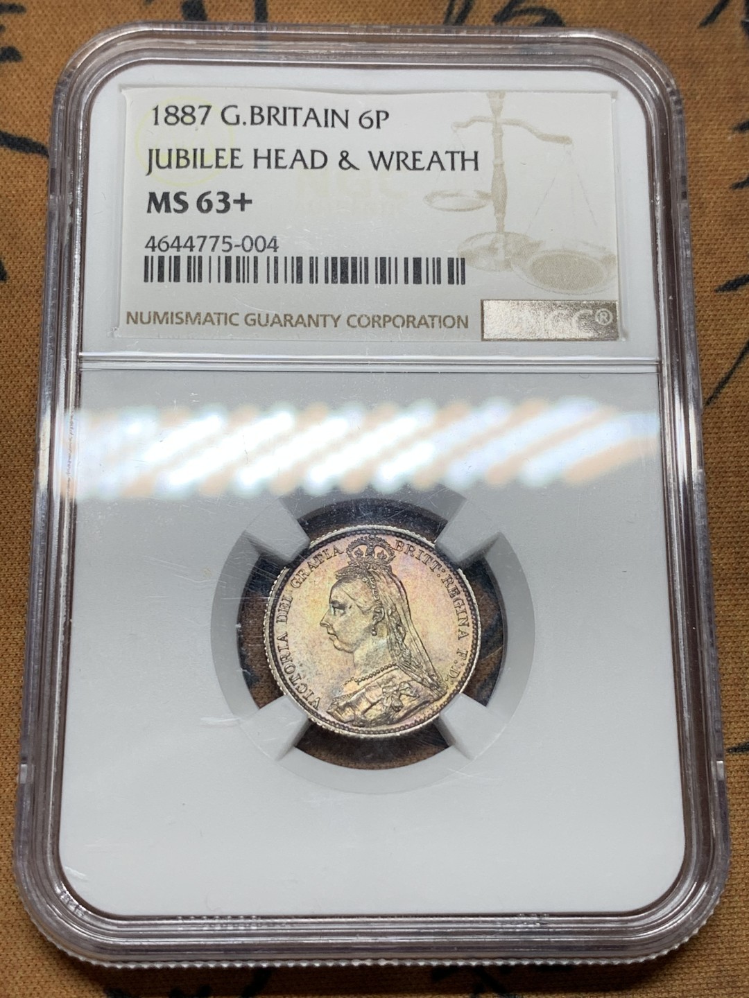 《竞宝斋》第106场-周日，周一 2场连拍（全场包邮） NGC-MS63+ 英国1887年6便士，包浆漂亮，好币