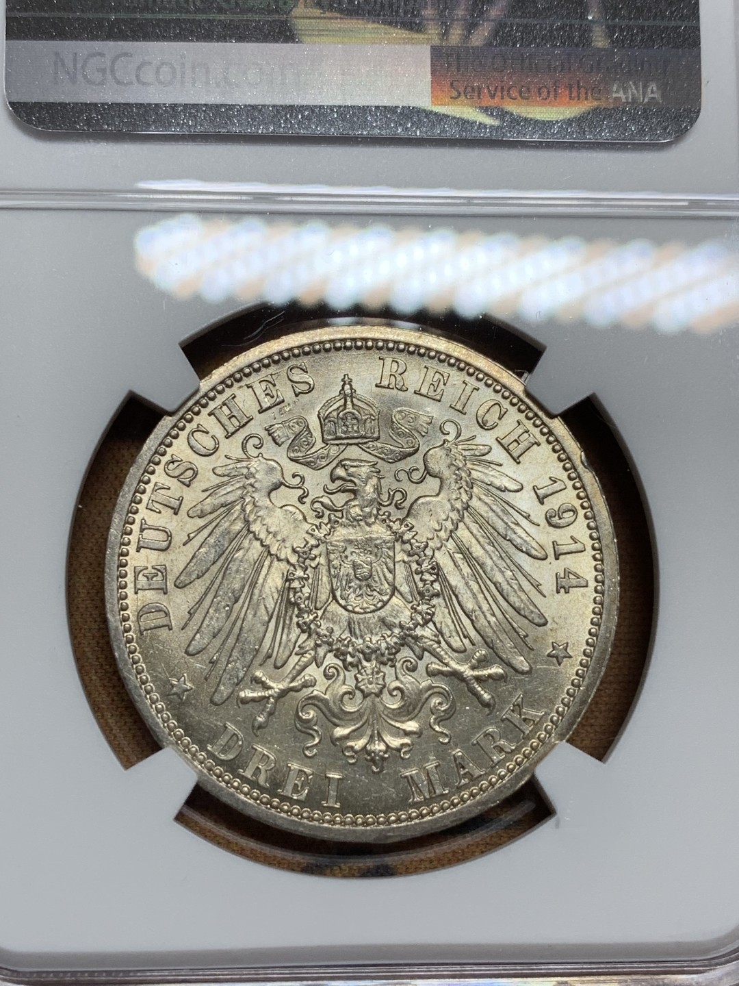 《竞宝斋》第106场-周日，周一 2场连拍（全场包邮） NGC-MS62 德国1914年 普鲁士军装 3马克银币 原光好品