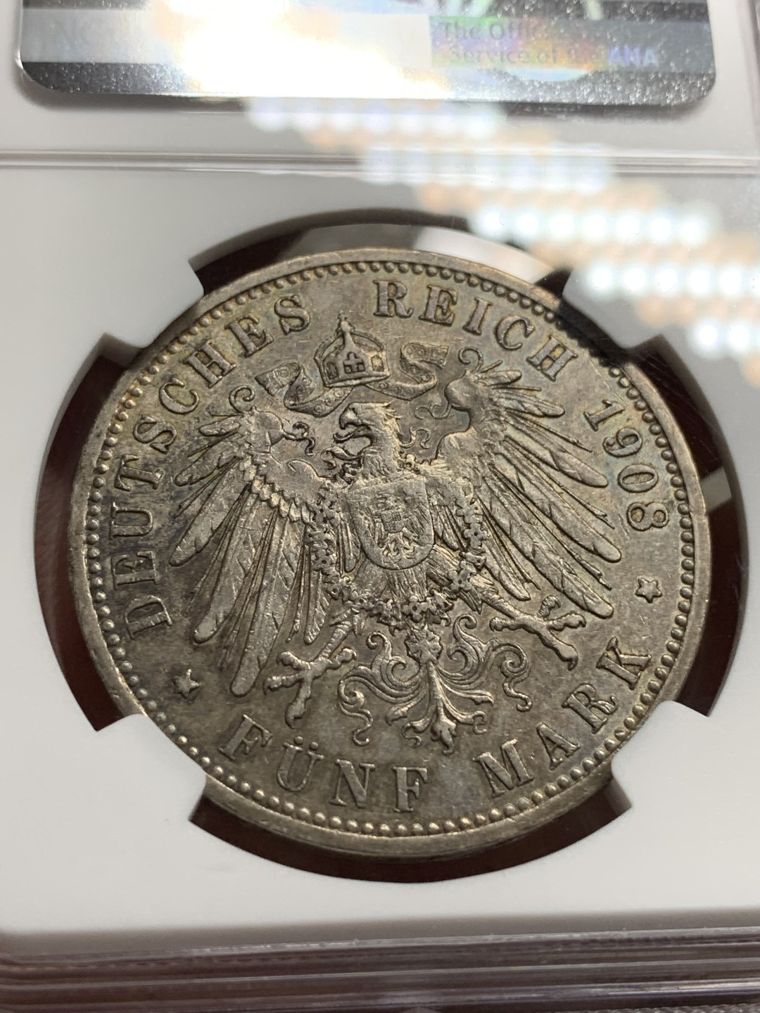 《竞宝斋》第106场-周日，周一 2场连拍（全场包邮） NGC-AU53 德国普鲁士 1908年 威廉二世5马克大银币 原味带彩包浆 非常漂亮