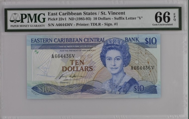 收藏联盟Quantum Auction 第199期拍卖  东加勒比/圣文森特1985-93年10元 PMG66 首发A冠(V是地名代码) 小彩船