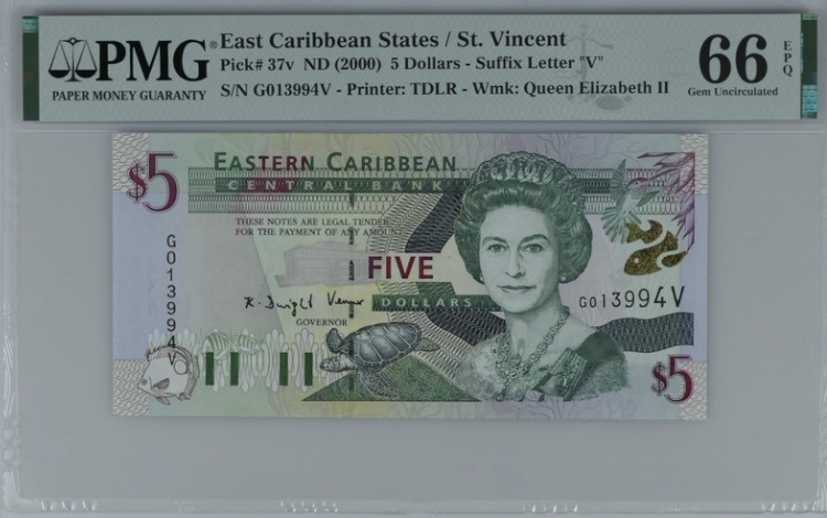 收藏联盟Quantum Auction 第199期拍卖  东加勒比/圣文森特2000年5元 PMG66