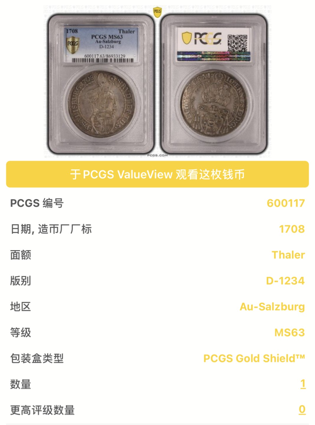 凡希社世界钱币微拍第二百十五期——德奥专场 1708萨尔茨堡约翰恩斯特主教泰勒PCGS-MS63淡金彩收藏级！