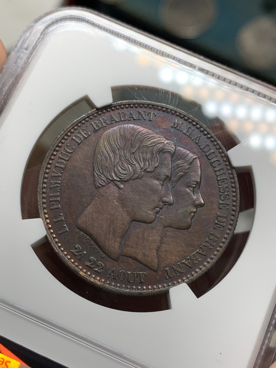 《竞宝斋》第106场-周日，周一 2场连拍（全场包邮） NGC UNC 比利时1853年王室婚礼纪念币10分大铜币，包浆好 细节不错 这个非常厚重