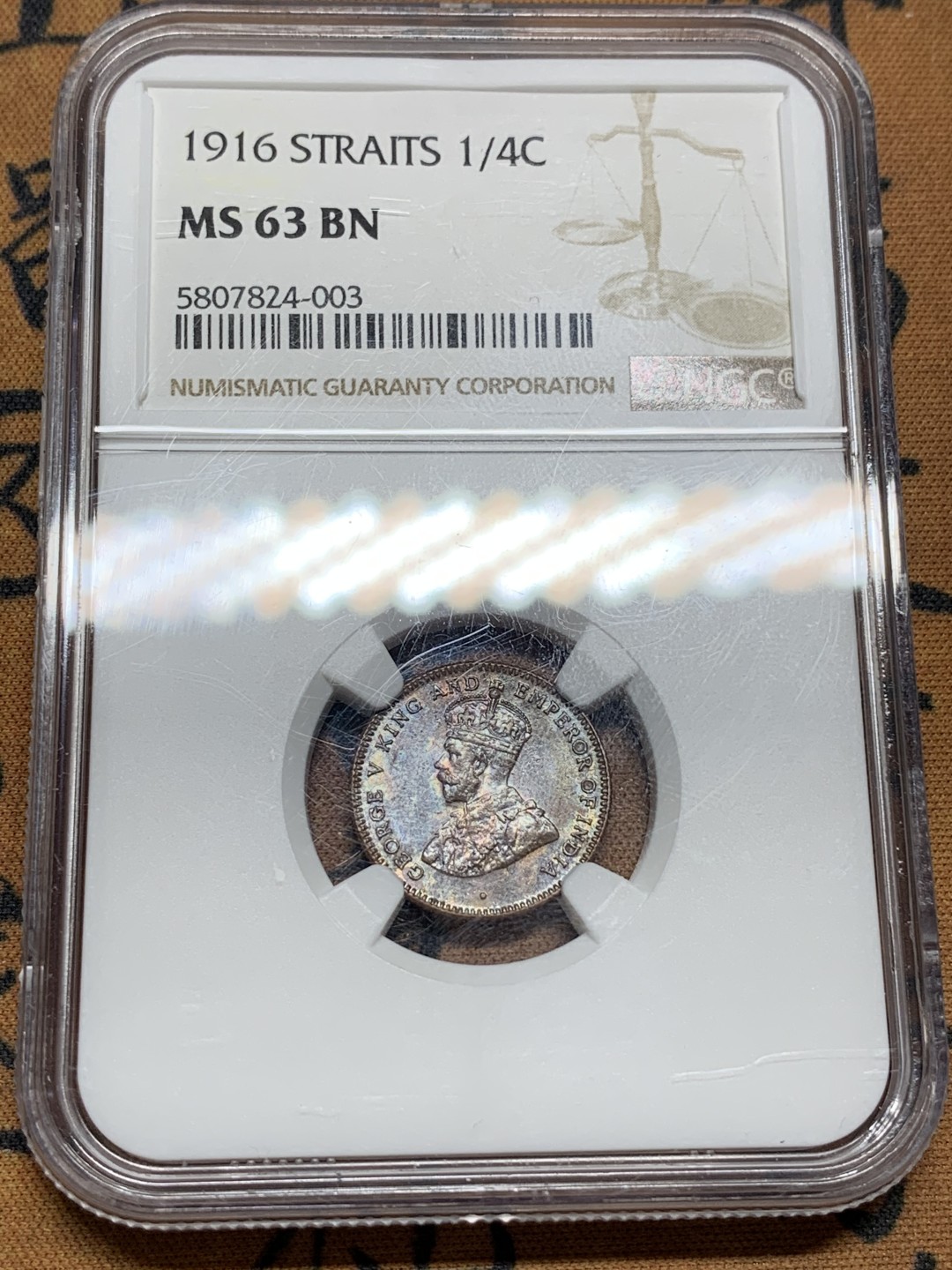 《竞宝斋》第106场-周日，周一 2场连拍（全场包邮） NGC MS63 海峡 乔五 殖民地 1916 1/4分 铜币 巧克力包浆