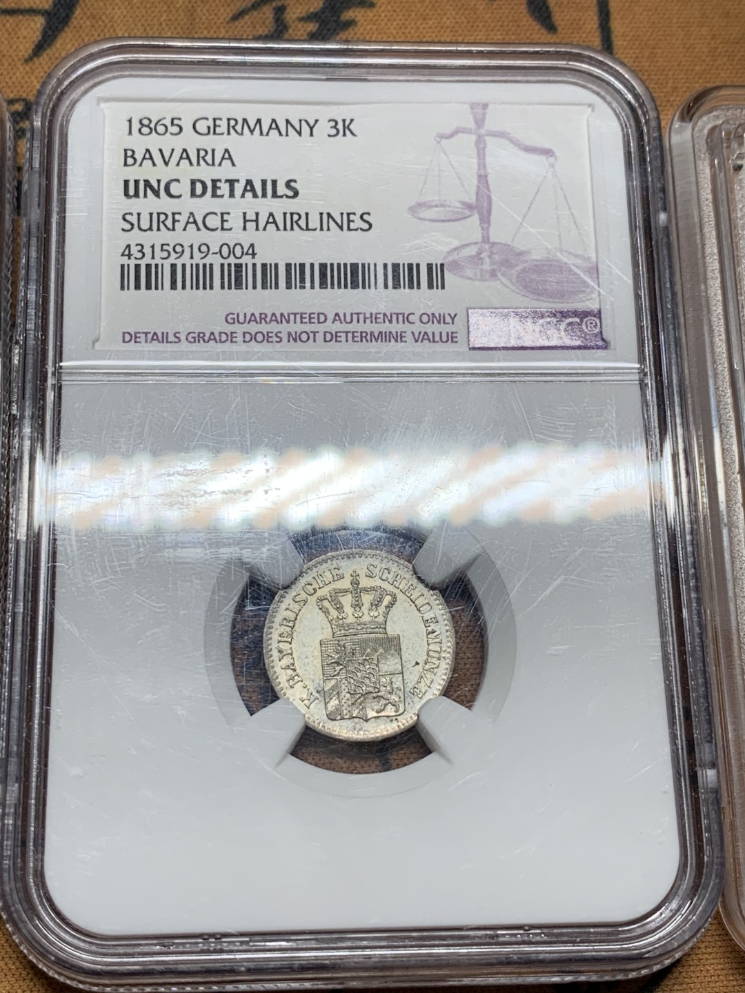《竞宝斋》第106场-周日，周一 2场连拍（全场包邮） NGC/PCGS-MS61/UNC/AU 德系盒子币一组 2银1铜。含普鲁士3芬尼铜币，巴伐利亚3K银币，巴伐利亚2马克银币。实物状态都很好，银币转光