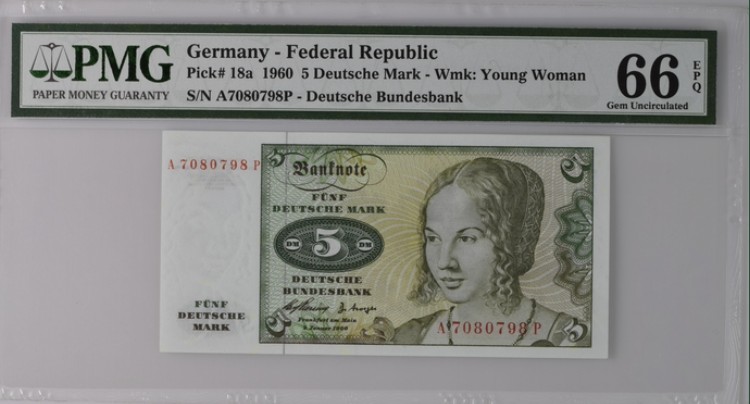 收藏联盟Quantum Auction 第199期拍卖  德国1960年5马克 PMG66 初版首发年份