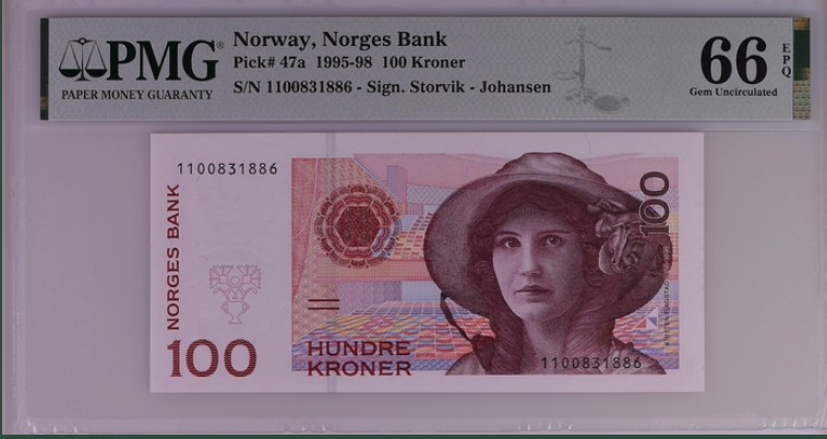 收藏联盟Quantum Auction 第199期拍卖  挪威1995年100克朗 PMG66 初版首发年份 女高音歌唱家