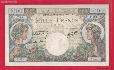 法国1940年1000法郎 克劳斯目录P-96a 欧洲纸币 实物如图 UNC - 法国1940年1000法郎 克劳斯目录P-96a 欧洲纸币 实物如图 UNC