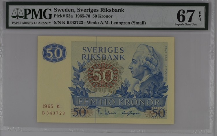 收藏联盟Quantum Auction 第199期拍卖  瑞典1965-70年50克朗 PMG67