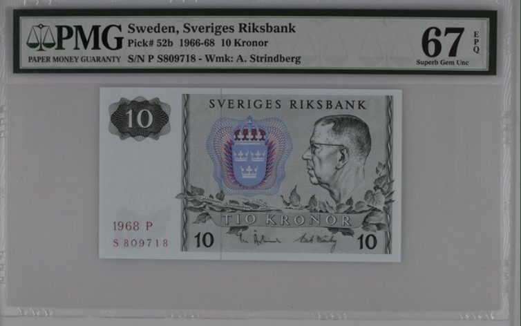 收藏联盟Quantum Auction 第199期拍卖  瑞典1966-68年10克朗 PMG67