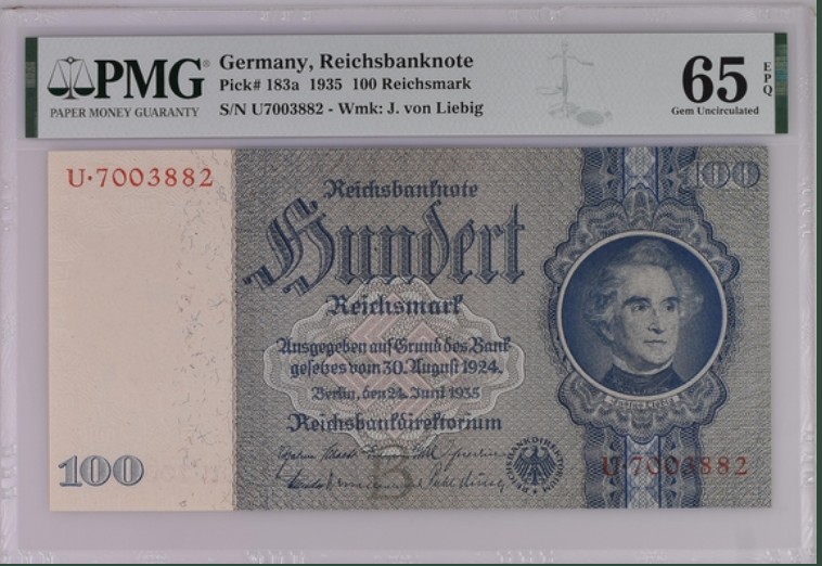 收藏联盟Quantum Auction 第199期拍卖  德国1935年100马克 PMG65 有机化学之父——李比希男爵