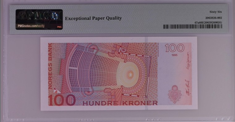 收藏联盟Quantum Auction 第199期拍卖  挪威1995年100克朗 PMG66 初版首发年份 女高音歌唱家