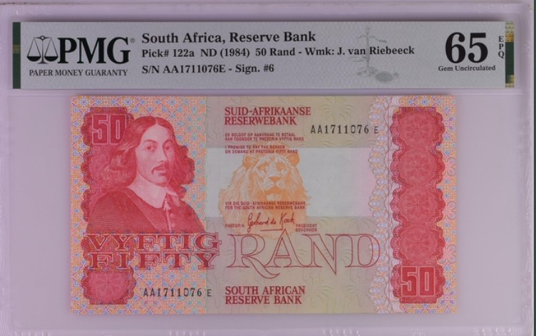 收藏联盟Quantum Auction 第199期拍卖  南非1984年50兰特 PMG65 动物大迁徙