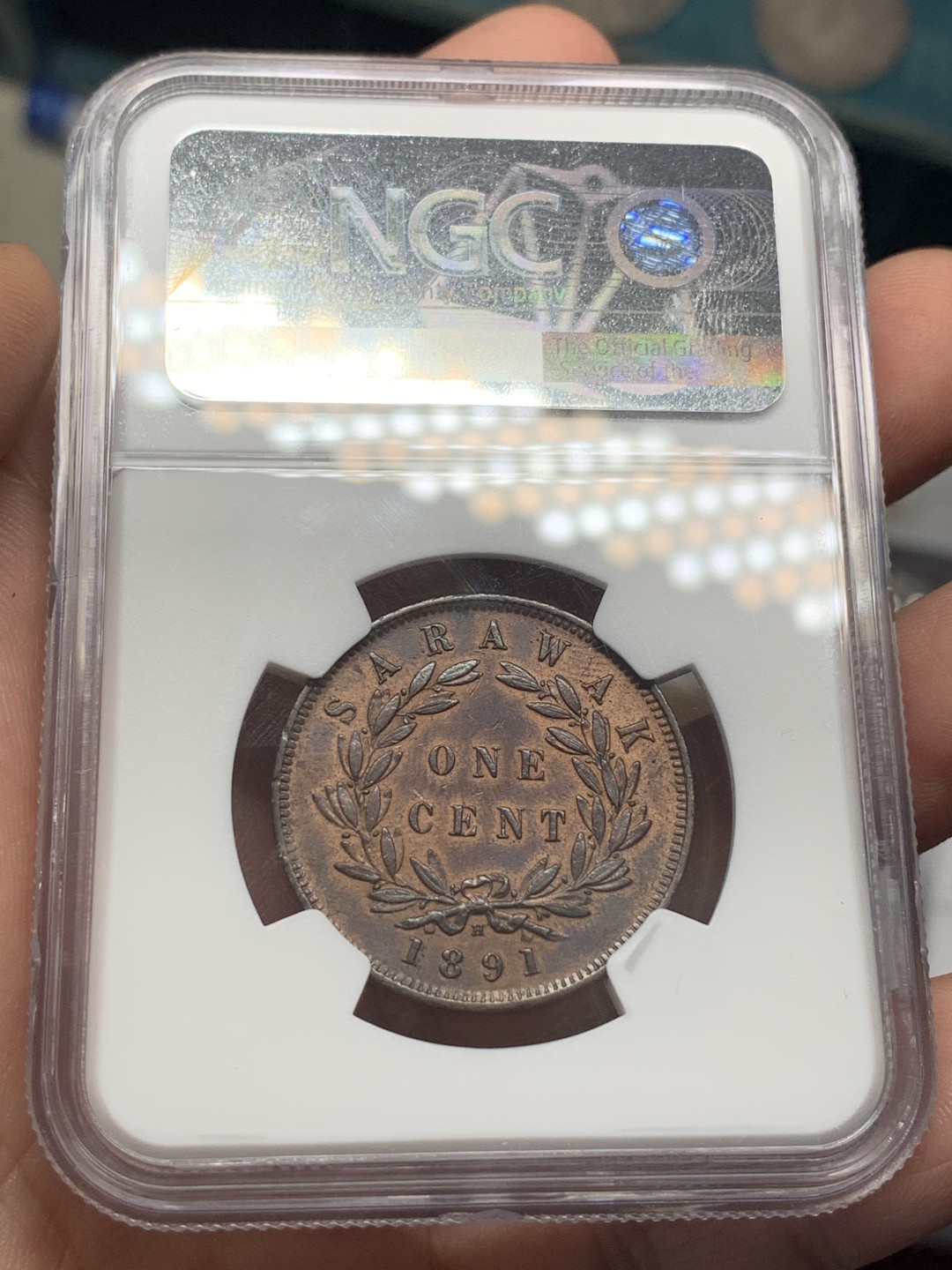 《竞宝斋》第107场-周日，周一 2场连拍（全场包邮） NGC AU58 BN 沙捞越1891年H 一分 铜币 自然细腻 五官发丝皆清晰