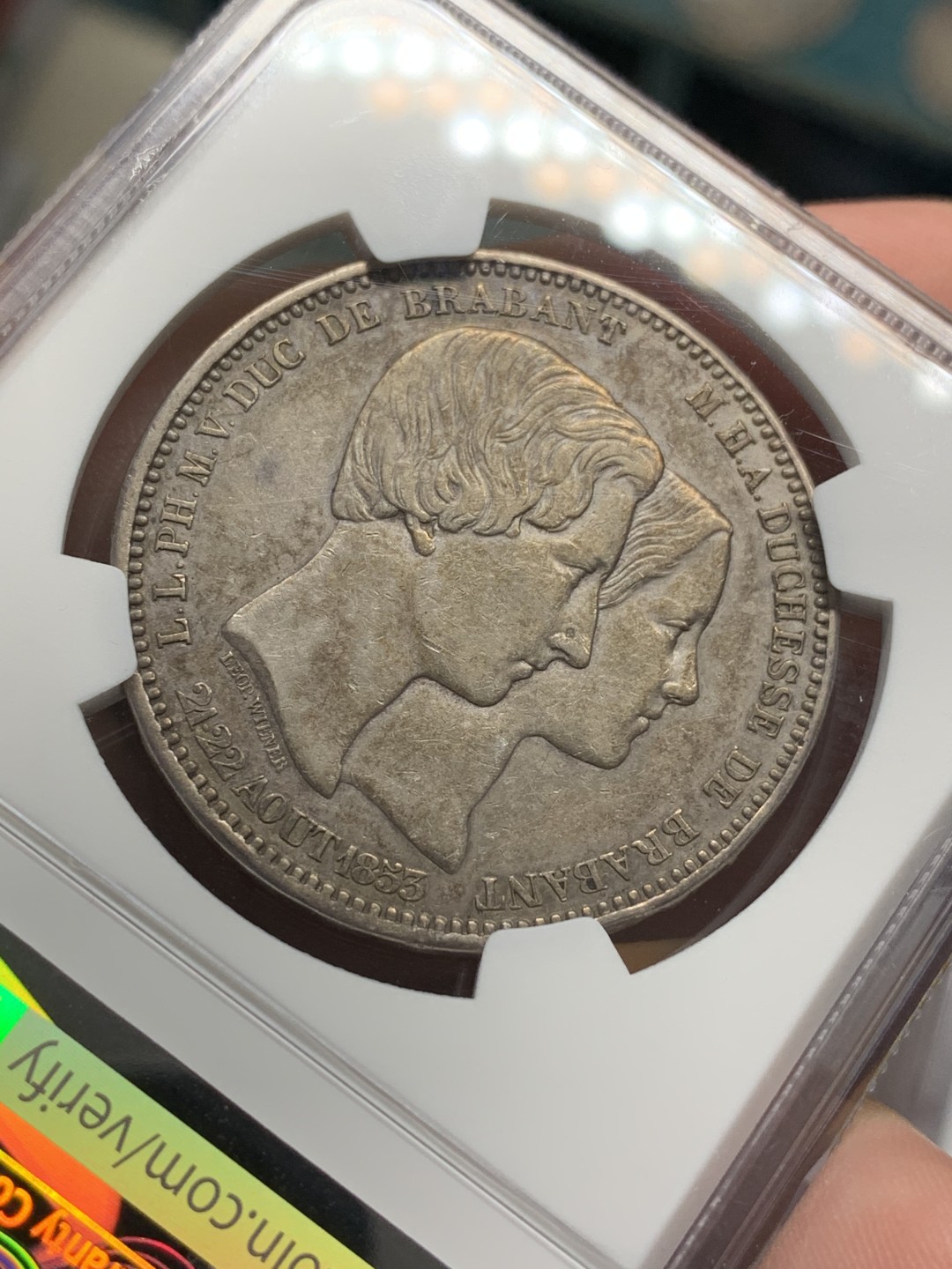 《竞宝斋》第107场-周日，周一 2场连拍（全场包邮） NGC-AU50 比利时1853年利奥波德一世皇家婚礼纪念5法郎原味银币 少见品种