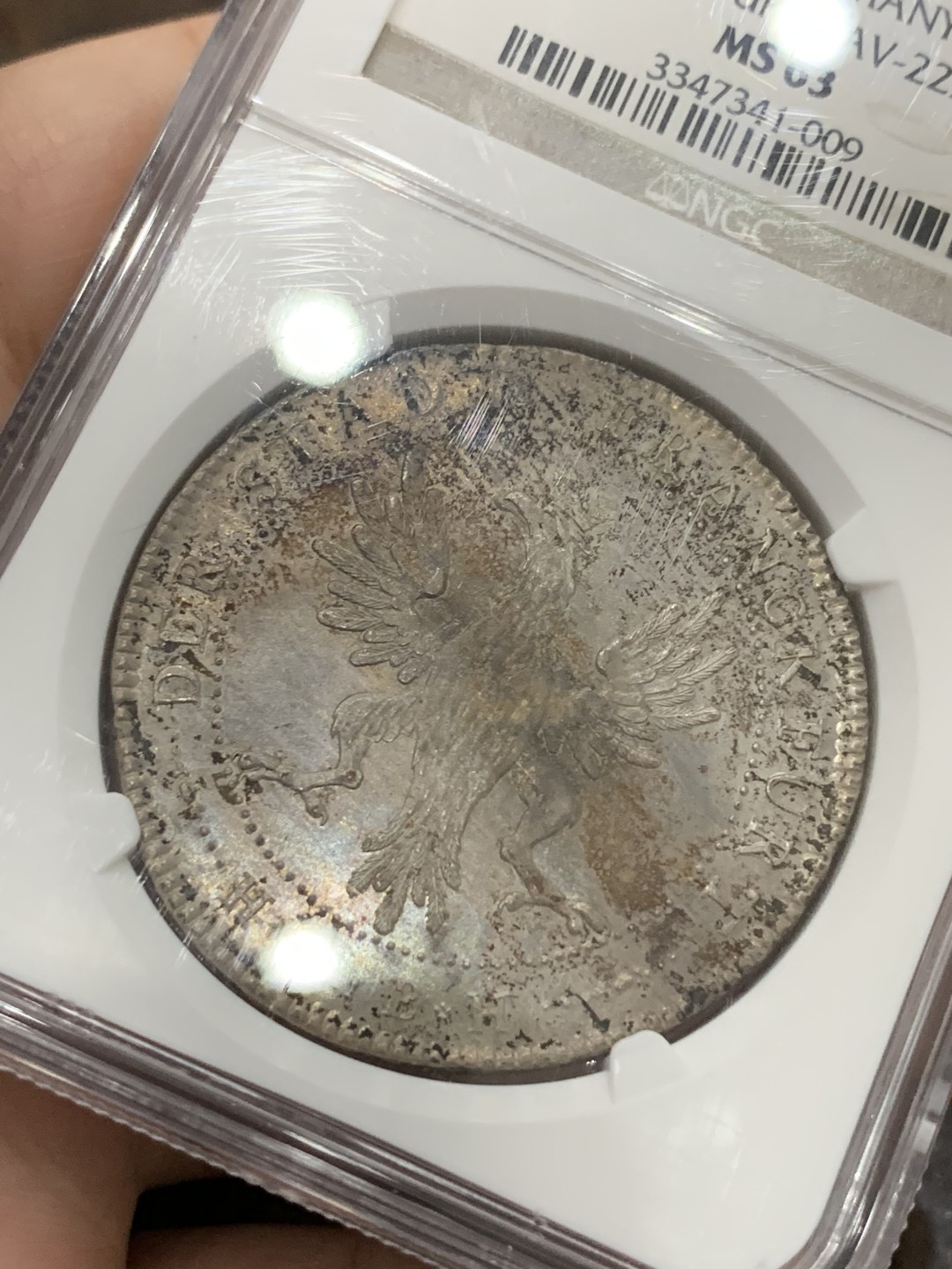 《竞宝斋》第107场-周日，周一 2场连拍（全场包邮） NGC MS63 德国 1796年 法兰克福 烧鸡泰勒 双面彩色包浆 底光好 值得收藏