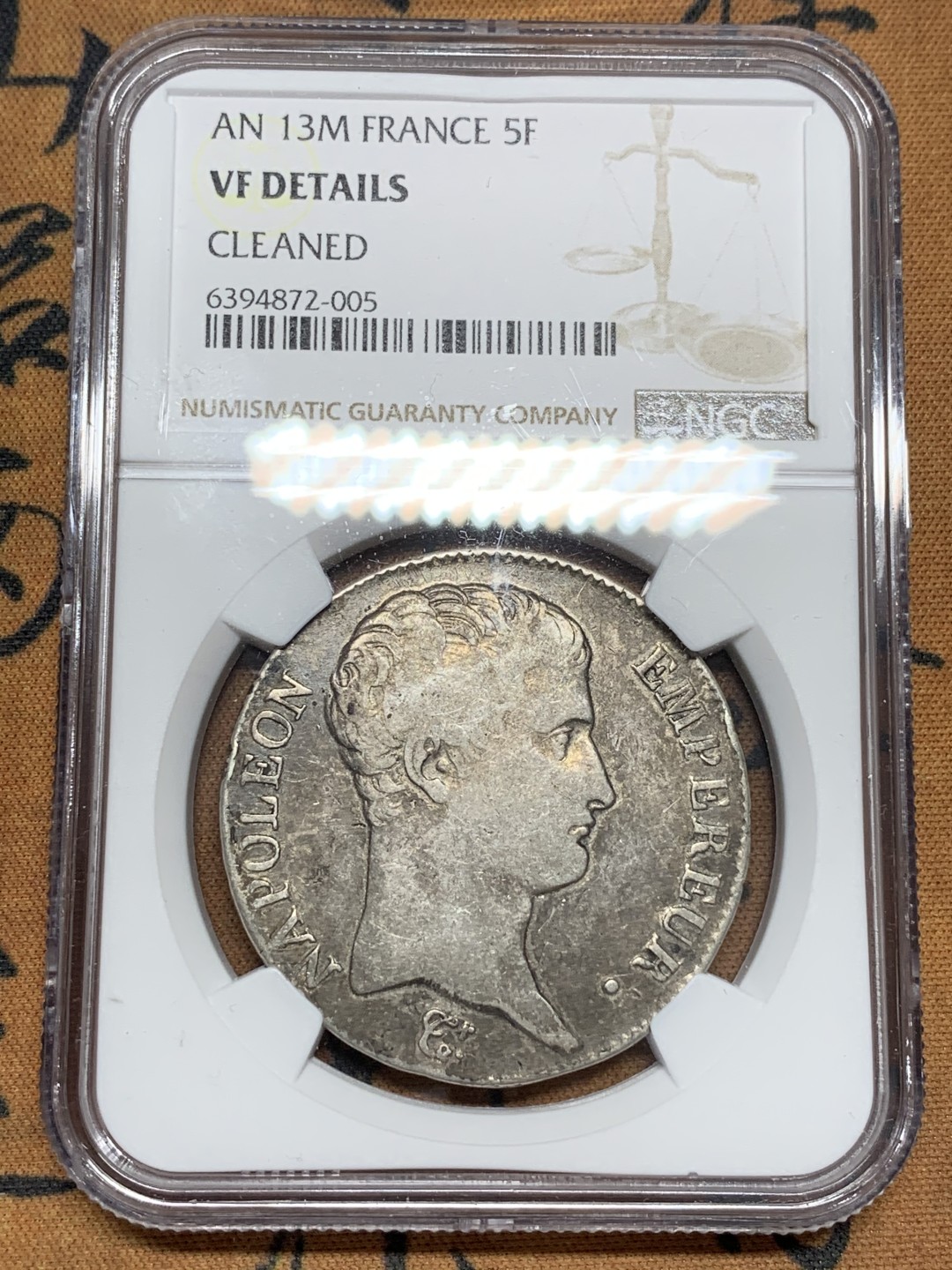 《竞宝斋》第107场-周日，周一 2场连拍（全场包邮） NGC VF 法国 拿一 共和13年 M版 5法郎银币 少见版本 相对少的年份 可以当品种