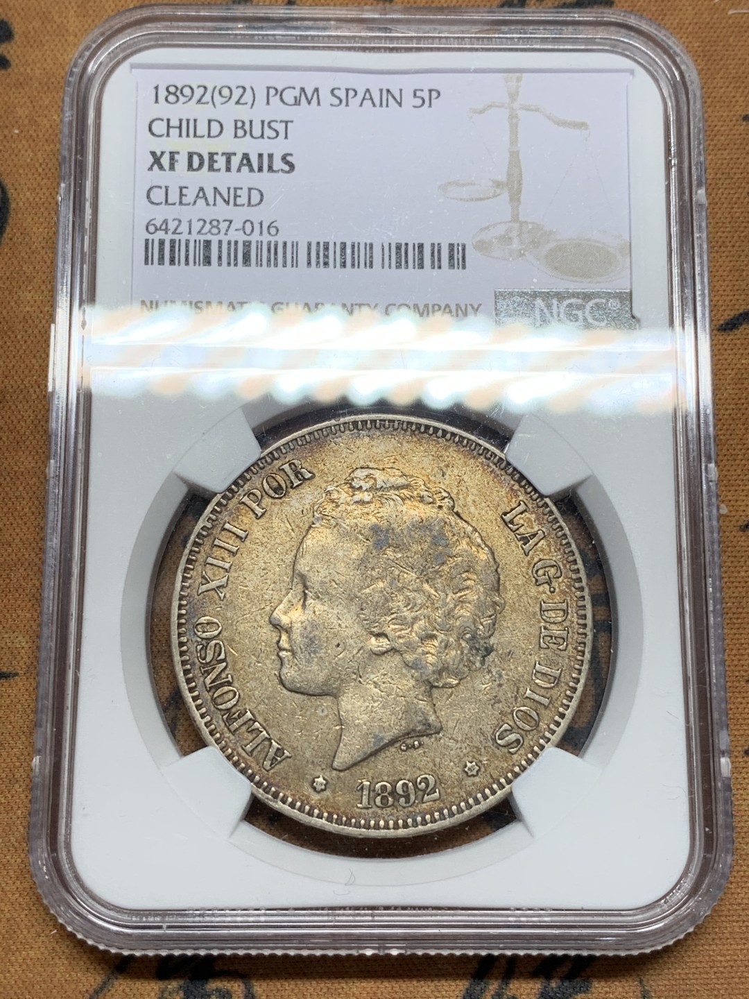 《竞宝斋》第107场-周日，周一 2场连拍（全场包邮） NGC XF 西班牙 1892年爆炸头 5比塞塔 银币 原味包浆