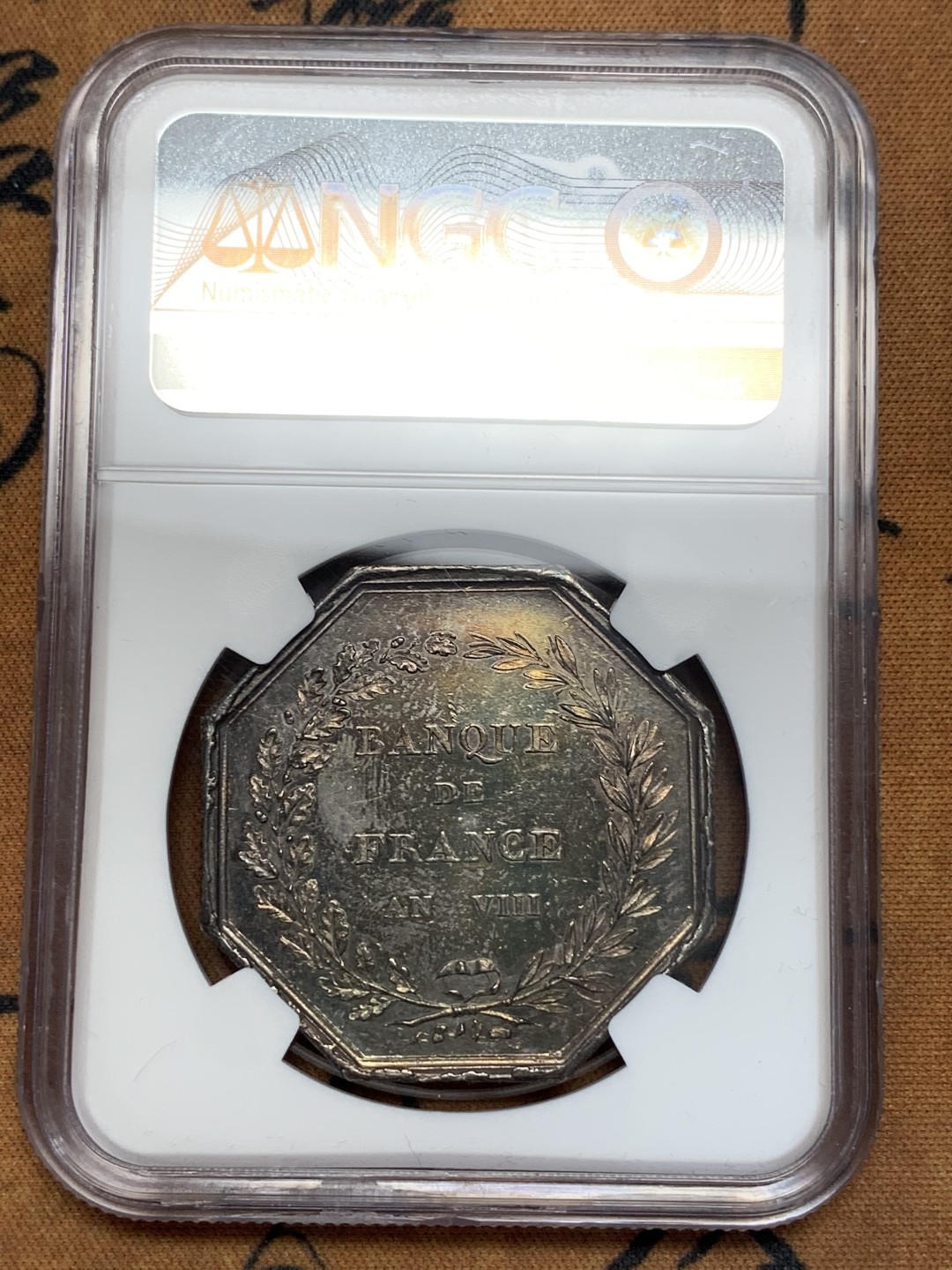 《竞宝斋》第107场-周日，周一 2场连拍（全场包邮） NGC MS61 法国1800年法兰西银行女神八角银质 代币 双面深五彩