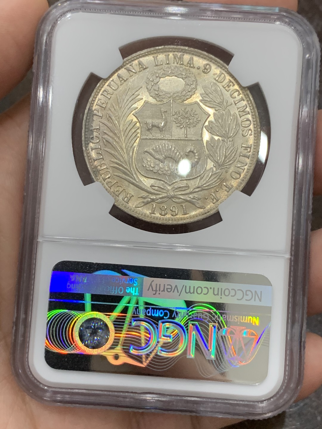 《竞宝斋》第107场-周日，周一 2场连拍（全场包邮） NGC-NS64  亚军分 双骑字版  1891/8 TF/BF秘鲁自由女神1索尔银币，状态极好