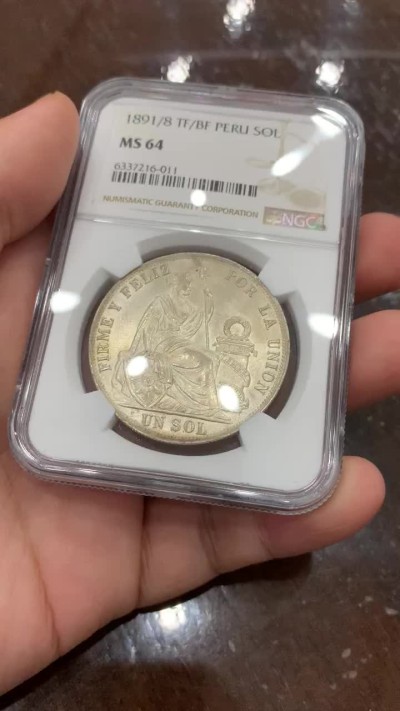 《竞宝斋》第107场-周日，周一 2场连拍（全场包邮） NGC-NS64  亚军分 双骑字版  1891/8 TF/BF秘鲁自由女神1索尔银币，状态极好