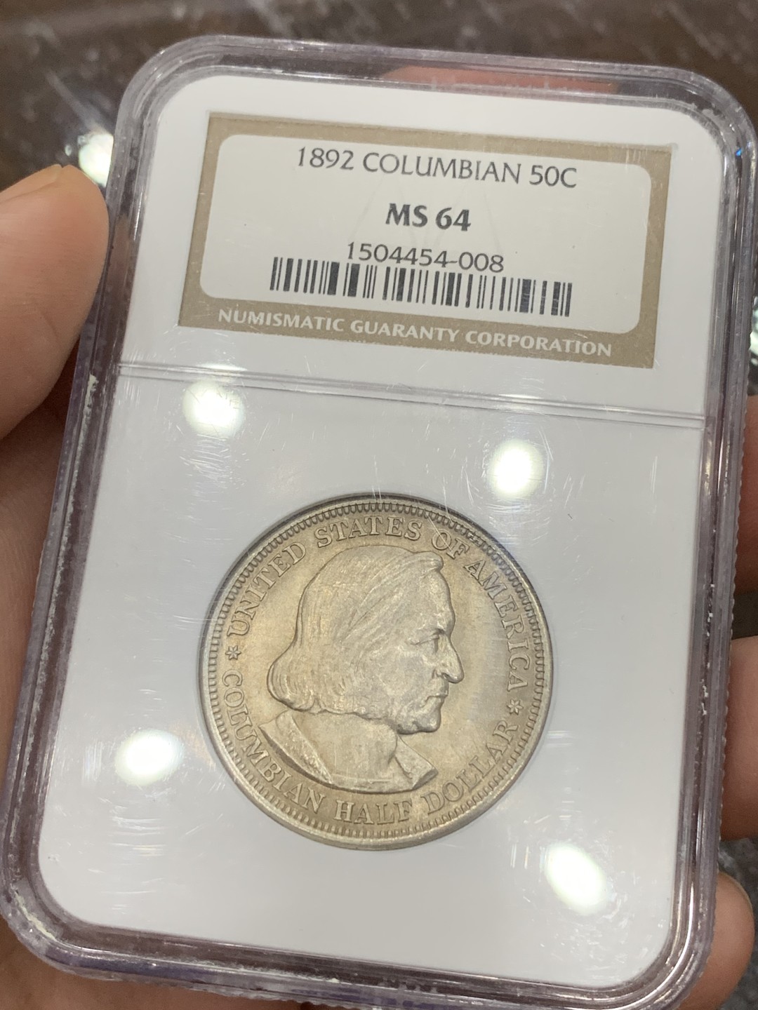 《竞宝斋》第107场-周日，周一 2场连拍（全场包邮） NGC MS64 美国1892年哥伦布纪念半美元银币，首年版比1893少得多，原光好品