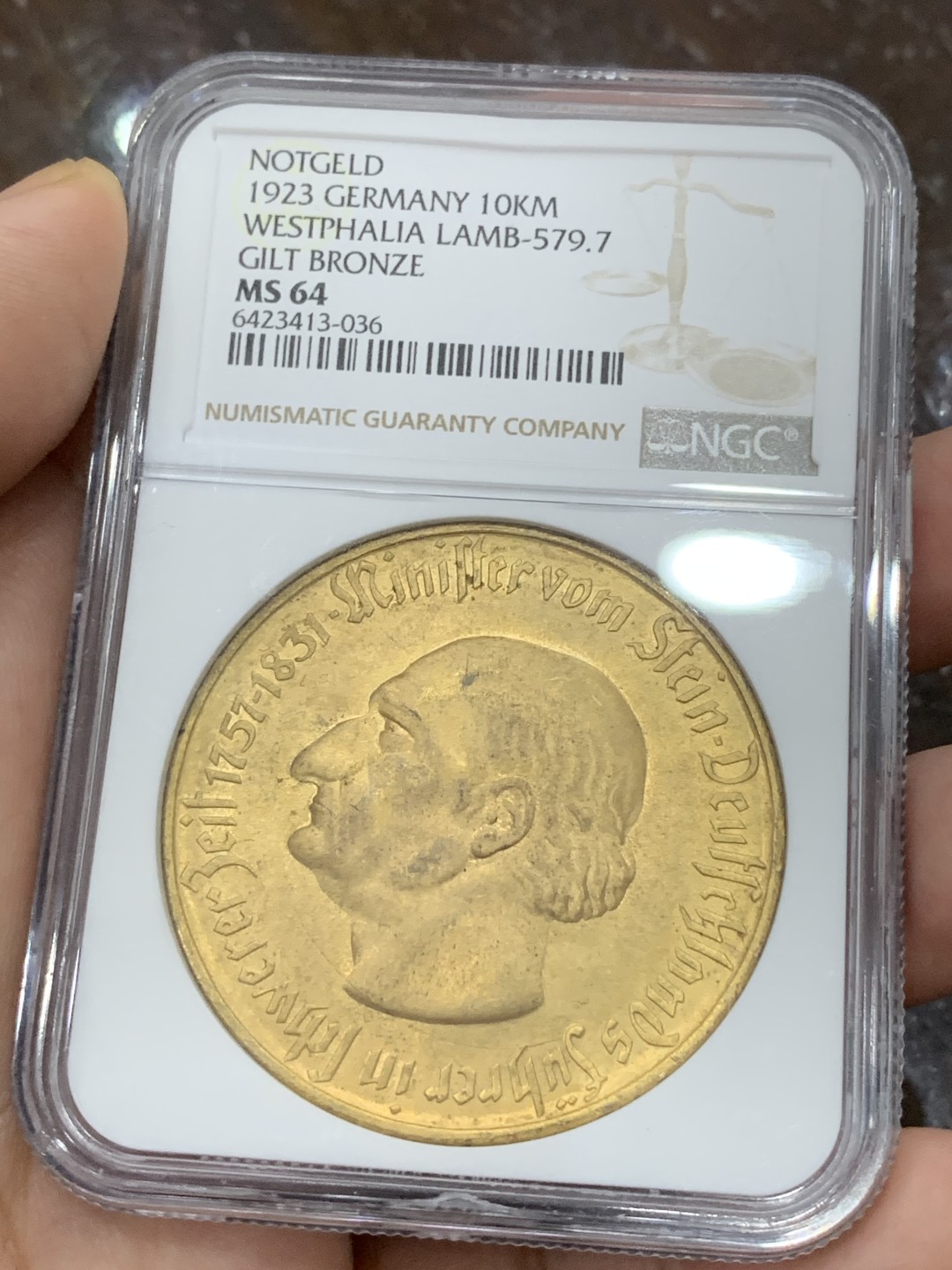 《竞宝斋》第107场-周日，周一 2场连拍（全场包邮） NGC MS64 德国 德紧1923年10000马克镀金大马铜币