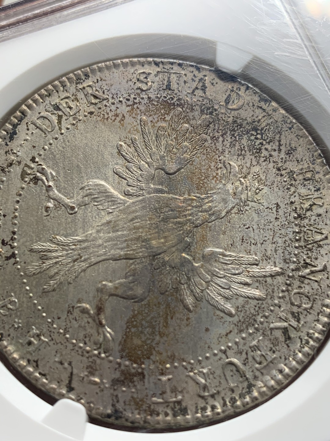 《竞宝斋》第107场-周日，周一 2场连拍（全场包邮） NGC MS63 德国 1796年 法兰克福 烧鸡泰勒 双面彩色包浆 底光好 值得收藏