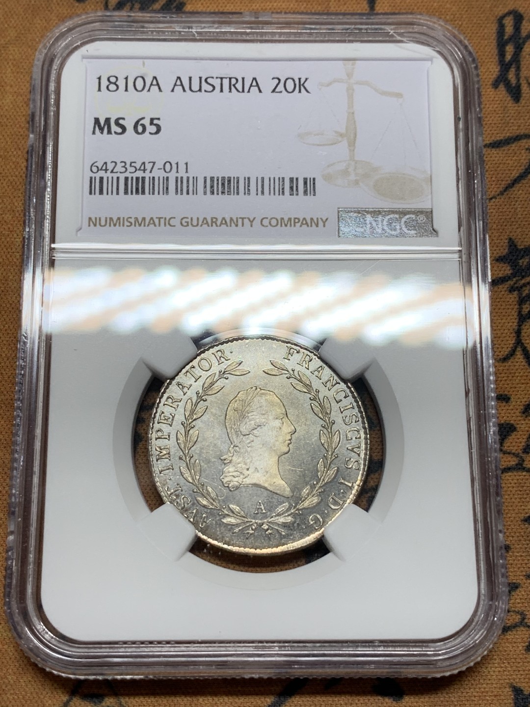 《竞宝斋》第107场-周日，周一 2场连拍（全场包邮） 唯一冠军 NGC MS65  1810年奥地利20K银币 PL底板 无敌状态