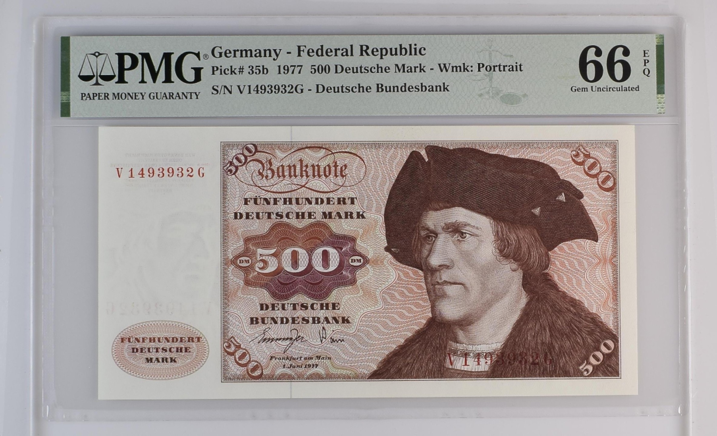 收藏联盟Quantum Auction 第199期拍卖  德国联邦1977年500马克 PMG66 大副 《无须男子肖像》