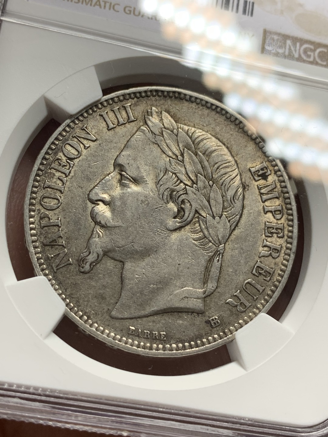 《竞宝斋》第107场-周日，周一 2场连拍（全场包邮） NGC-AU53 法国1870-BB年 拿破仑三世5法郎大银币 原味好品