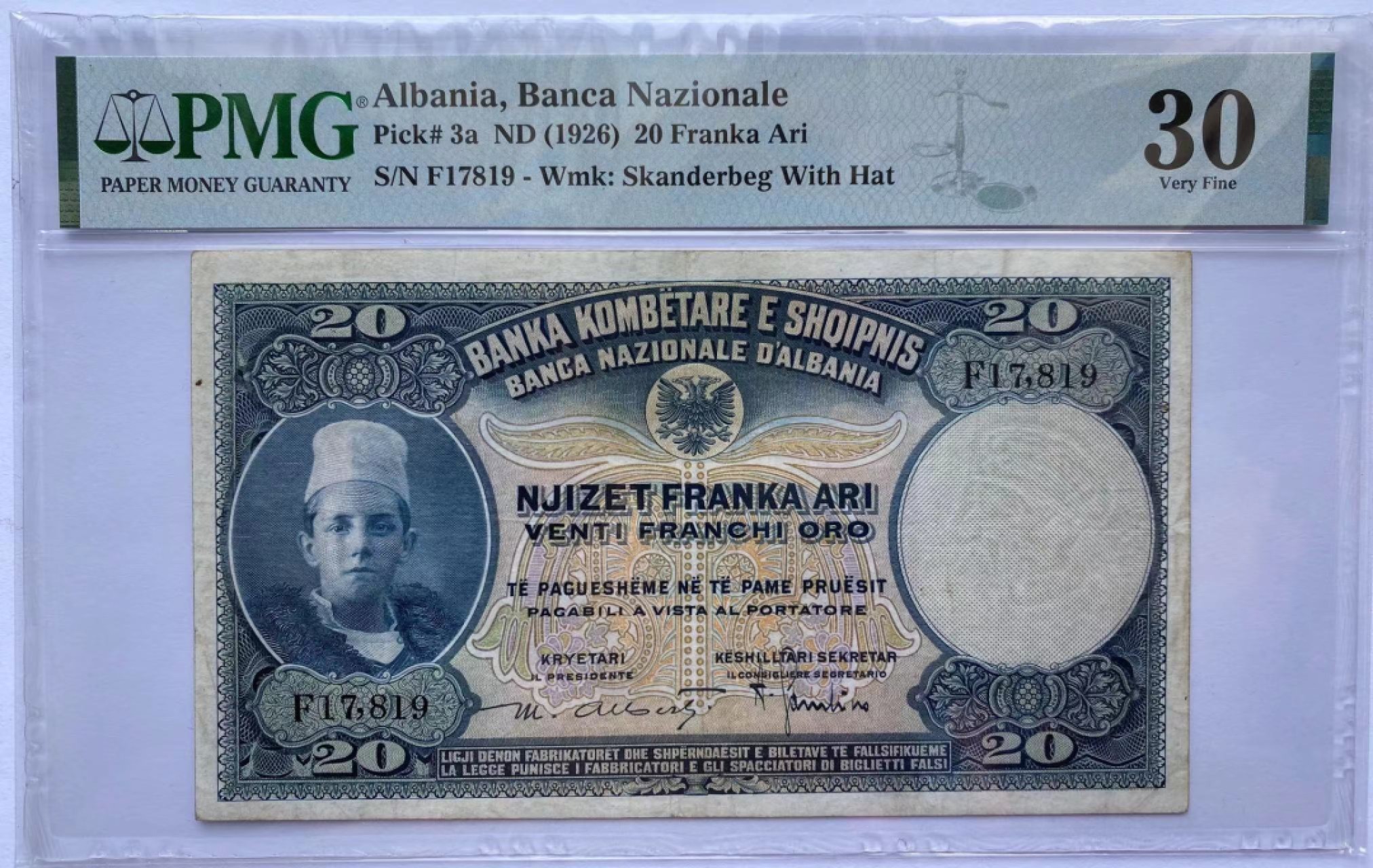 【Blue Auction】✨世界纸币精拍第237期  阿尔巴尼亚 p3a 1926年20Franka Ari 小国王 背面大场景精美 PMG30 少见品种