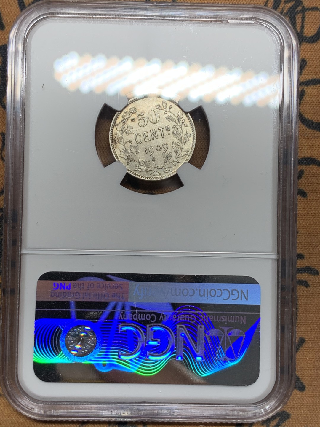 《竞宝斋》第107场-周日，周一 2场连拍（全场包邮） NGC-MS63 比利时1909年 利奥波德二世大胡子版 50分银币 少见品种 上MS极少