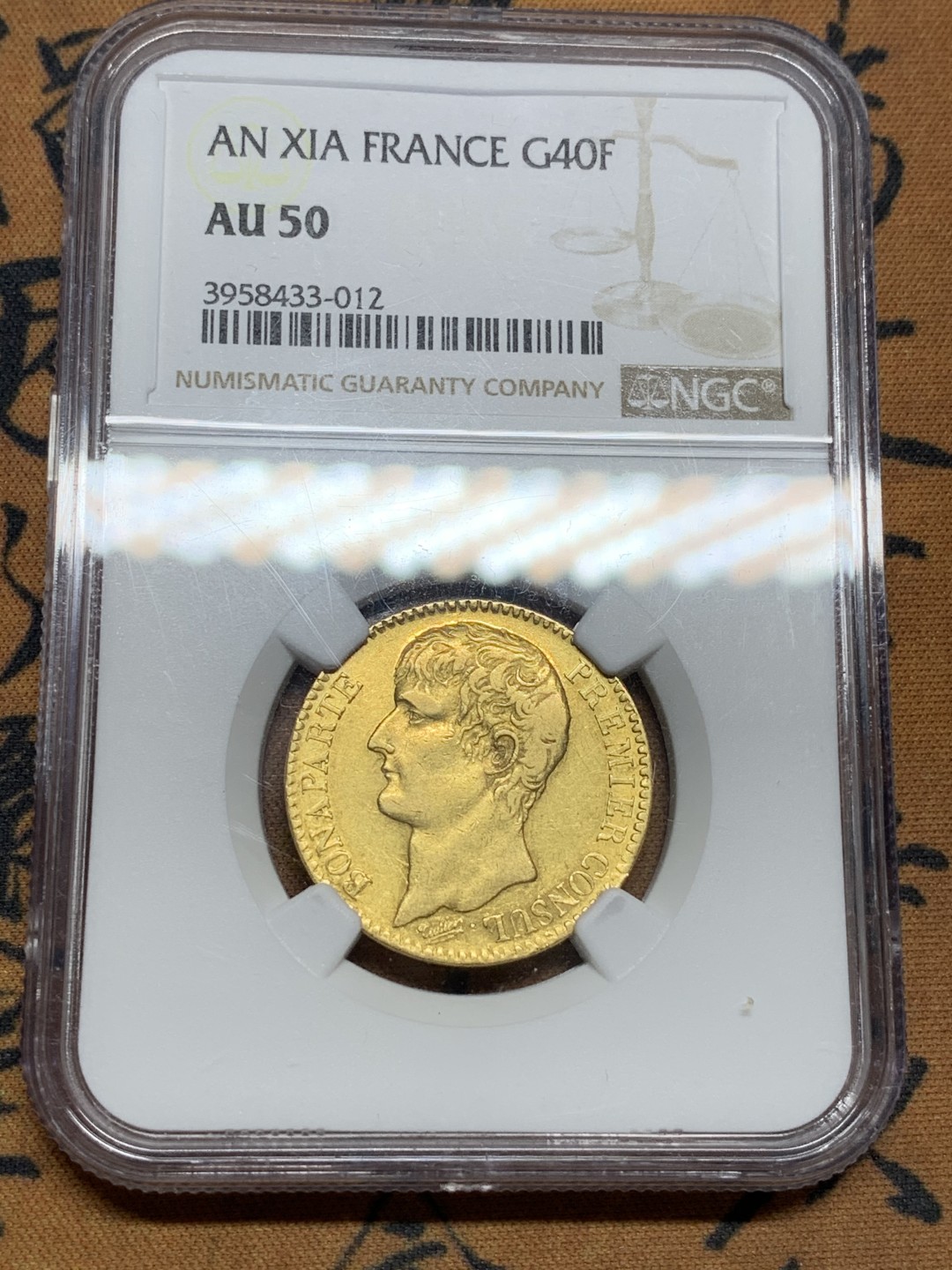 《竞宝斋》第107场-周日，周一 2场连拍（全场包邮） NGC-AU50 AN XI年法国拿破仑40法郎金币 拿破仑第一版40F金币，热门品种