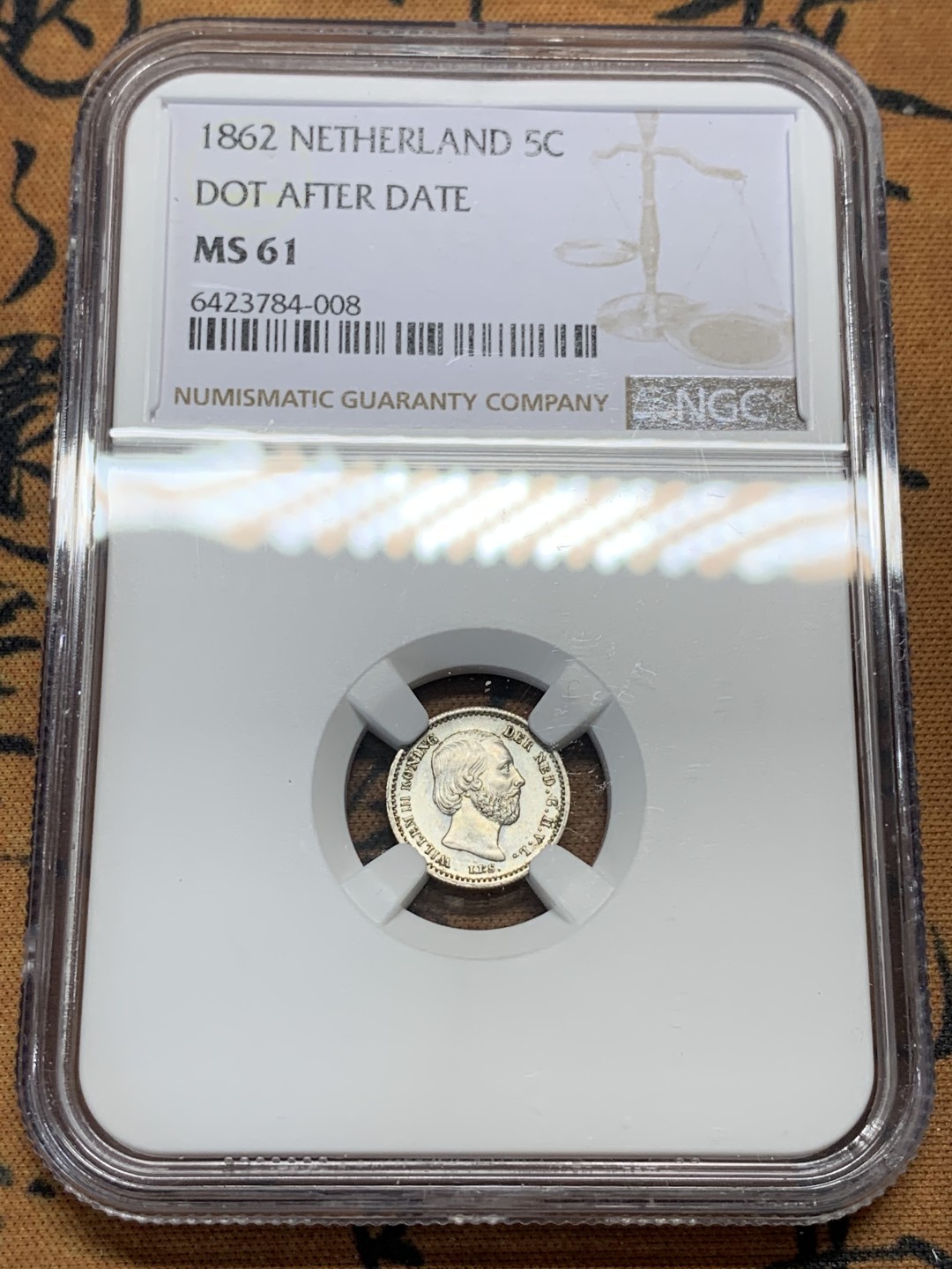 《竞宝斋》第107场-周日，周一 2场连拍（全场包邮） NGC-MS61 荷兰1862年 威廉三世 5分银币 稀少品种 辅币有这样的状态已经非常难得