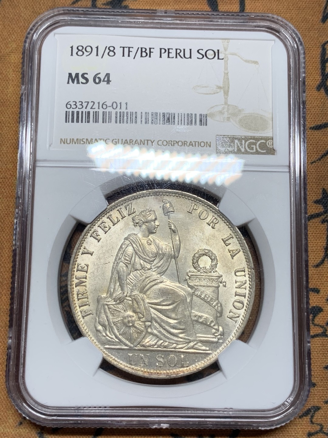 《竞宝斋》第107场-周日，周一 2场连拍（全场包邮） NGC-NS64  亚军分 双骑字版  1891/8 TF/BF秘鲁自由女神1索尔银币，状态极好